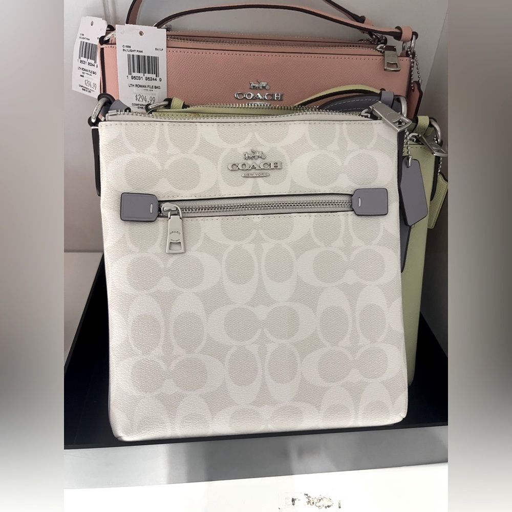 Last one! New Coach Mini Rowan File Bag In Signature Canvas Silver Mist accents